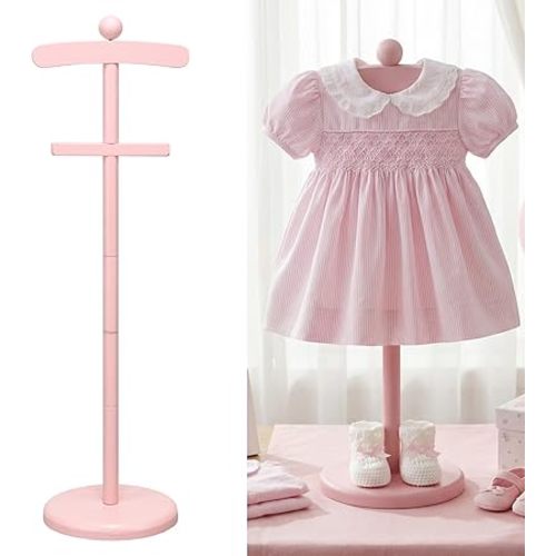 1 Pack Baby Clothes Display Stand Wooden Baby Shower Centerpiece Adjustable Height Circle Shaped Dress Hanger Doll Dress Outfit Stand Rack Hand Assembled Hangers Display Set (Pink Color)
