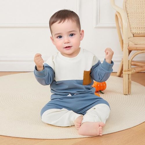 Kupretty Toddler Baby Boy Fall Winter Clothes Color Block Long Sleeve Sweatshirt Pullover Tops + Joggers Pants Outfit Set - Blue White - 6-12 Months