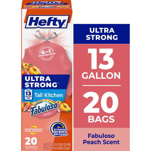 Hefty Ultra Strong 13 Gallon Trash Bags, Tall Kitchen Trash Bags, Peach, Fabuloso Peach Scent, 20 Bags
