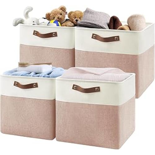 13-Inch Foldable Storage Cubes - Versatile Organizing Baskets with PU Handles for Home & Office - Ideal for Clothing, Toys, Books, Laundry (White and pink)