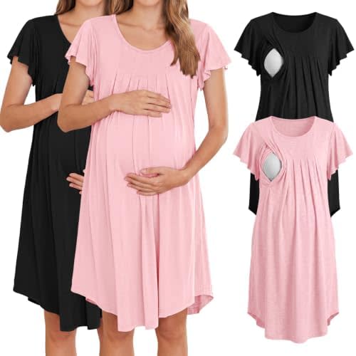 Cutecrop 2 Pack Nursing Gown Labor and Delivery Hospital Gown Maternity Breastfeeding Nightgown Short Sleeve Pregnant Dress
