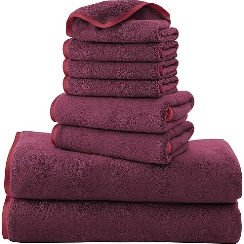 Cosy Family Microfiber 8-Piece Towel Set, 2 Bath Towels, 2 Hand Towels, and 4 Wash Cloths, Ultra Soft Highly Absorbent Towels for Bathroom, Gym, Hotel, Beach and Spa (Burgundy)