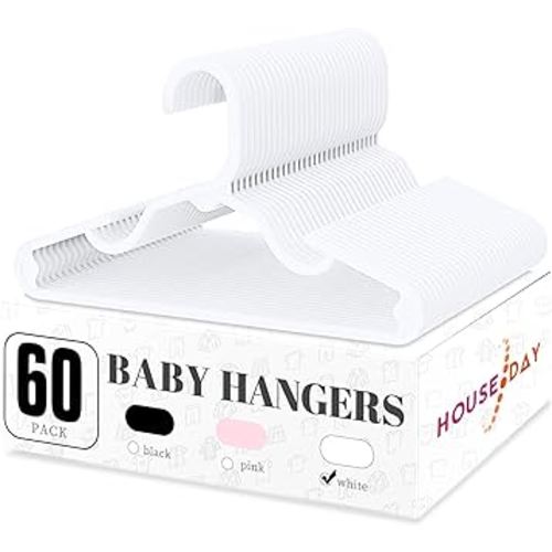 HOUSE DAY Plastic Baby Hangers for Closet 60 Pack, Durable Plastic Kids Hangers for Baby Clothes, Thin & Compact Childrens Hangers, Space Saving White Baby Hangers, Small Hangers for Kids Clothes