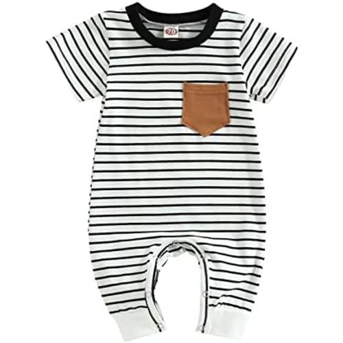 Newborn Baby Boy Romper Short Sleeve Crew Neck Stripe Button Jumpsuit with Pockets One Piece Summer Clothes Outfit