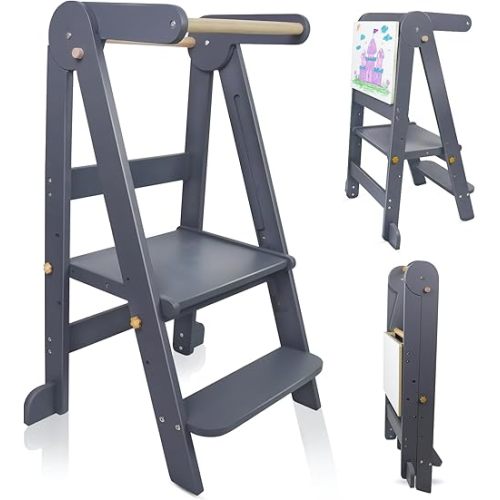 Foldable Toddler Kitchen Tower Step Stool, Standing Tower with Whiteboard, Toddler Kitchen Stool Helper with 3 Adjustable Height, Step Stool for Kids 1-6 Years, Grey