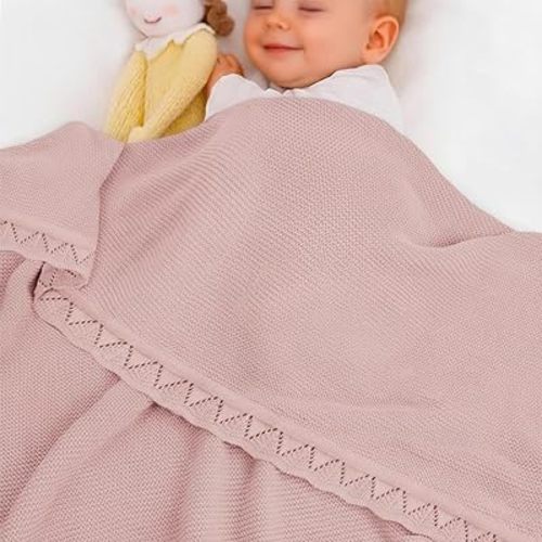 Baby Knit Blanket Soft Breathable Cotton Scallop Border Blankets Newborn Knitted Blanket Swaddle Blankets Gifts for Baby Newborn Toddler Shower Boy Girl New Mom Birthday Christmas RP 30x30