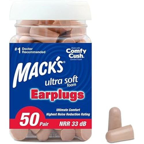 Mack's Ultra Soft Foam Earplugs, 50 Pair - 33dB Highest NRR, Comfortable Ear Plugs for Sleeping, Snoring, Travel, Concerts, Studying, Loud Noise, Work | Made in USA