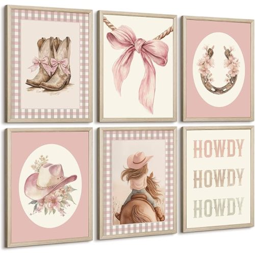 Western Cowgirl Nursery Wall Art Decor Vintage Girl Room Canvas Poster Pink Coquette Nursery Art Prints Preppy Aesthetic Pictures Bow Floral Boots Artwork for Girls Bedroom 8x10 Inch Framed 6Pcs