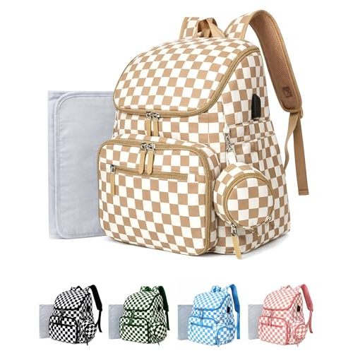 FHELAD Checkered Diaper Bag Backpack with Changing Pad & Stroller Clips | Baby Diaper Bag, Baby Shower Gifts, 4 Insulated Bottle Holders, Wet Wipe Pocket, Luggage Strap