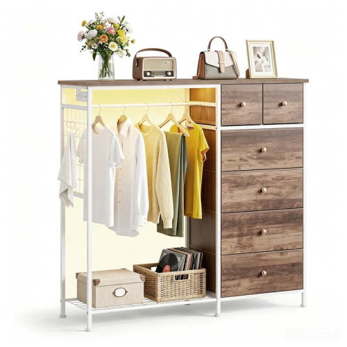 Simenmax 6-Drawer Storage Closet with LED Lights & Charging Station, 49.2" Wide Wooden Wardrobe Rack with Fabric Bins,Portable Clothing Organizer for Bedroom, Entryway,OAK
