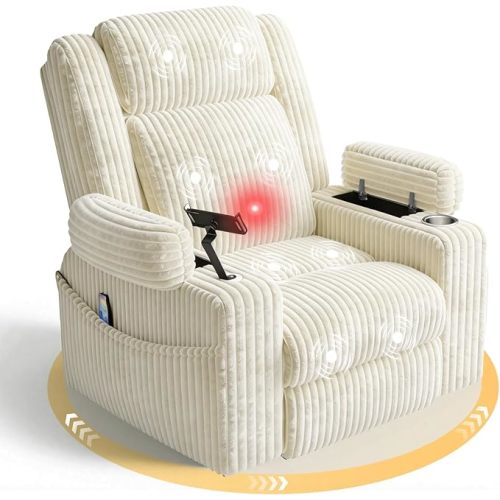 EROMMY Power Oversized Swivel Rocker Recliner with Massage and Heat, Nursery Rocking Chairs for Living Room, Comfy Glider Chair with Cup Holders, Armrest Storage,USB&Type-C Ports,Beige