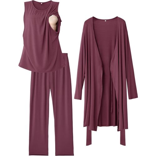 Rnxrbb Nursing Pajamas Robe Set for Women Breastfeeding Postpartum Pajama Gown for Hospital Maternity Pj 3 PCS