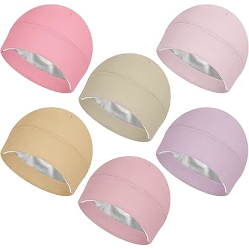 6 Pcs Satin Lined Baby Newborn Hats Silk Beanie for Toddler Infant 0-6 Months Pink Beige Purple Pale Sage Mixcolor