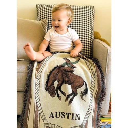 Western Baby Blanket with Name Cowboy Woven Fringe Throw Bronco Blanket Boy Western Nursery Crib Blanket Western Birthday Gift Kids