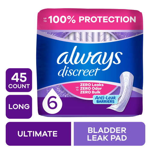 Always Discreet Adult Incontinence Pads for Women, Ultimate Absorbency, Long Length, Postpartum Pads, 45 Count