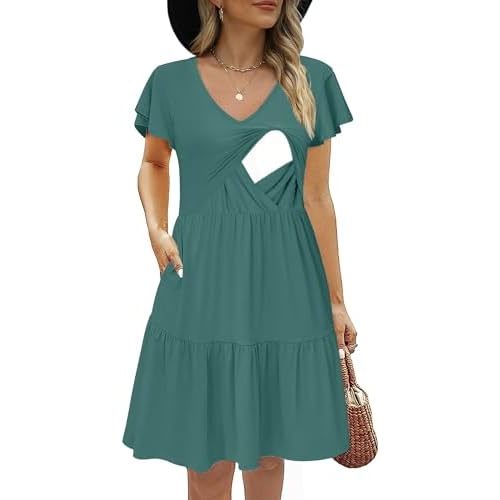 CzzzyL Women's Maternity Nursing Dress Ruffle Cap Sleeve Breastfeeding with Pockets
