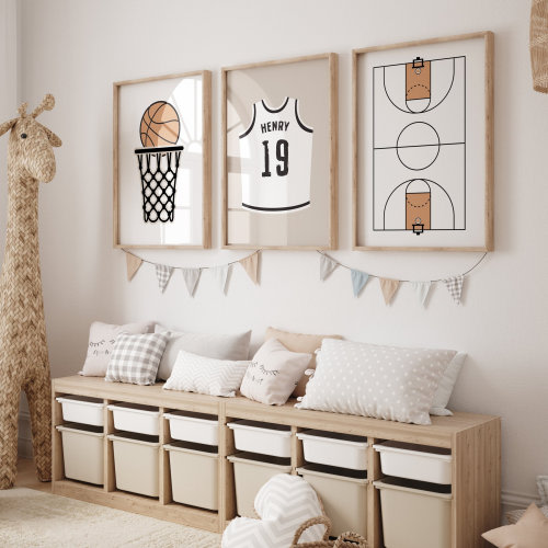 Personalized Basketball Nursery Wall Art Set of 3 Prints | Oatmeal Color | Digital Download
