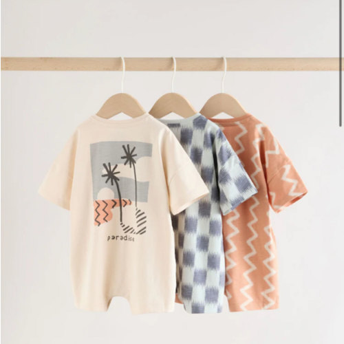 Buy Neutral Sunbaked Printed Button Through Jersey Baby Rompers 3 Pack from Next USA
