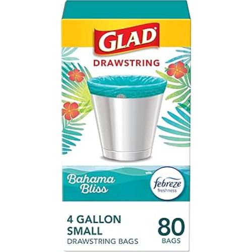 Glad Small Trash Bags 4 Gallon, Febreze Bahama Bliss Garbage Bags, Odor Resistant with Drawstring, 80 Count
