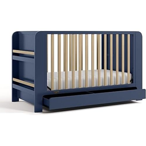 Graco Read-with-Me 4-in-1 Convertible Crib with Drawer - GREENGUARD Gold Certified Converts to Toddler Bed, Daybed, and Functional Bookshelves (Midnight Blue and Driftwood)