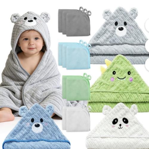Juego de 14 Pzas de Toallas para Bebé, 4 Pzas de Toallas Suaves con Capucha para Bebé y 10 Pzas de Paños, Toallas de Baño para Recién Nacidos, Bebés y Niños Pequeños, Ultra Absorbentes, Lindo Regalo de Toalla para Bebé para Niños
