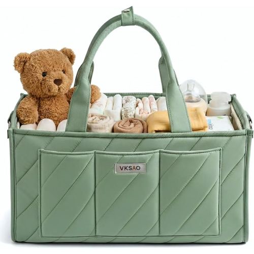 Green Baby Diaper Caddy Organizer with Handles Shoulder Strap, Diaper Bag Storage Basket for Newborn Essentials Must Haves Baby Shower Gifts