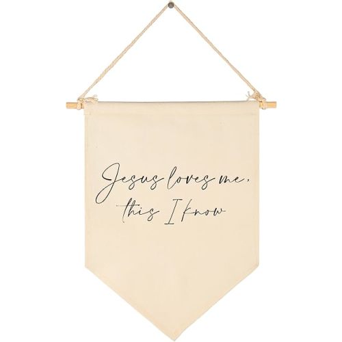 Jesus Loves Me This I Know-Scripture Pennant Flag Sign Gift for Baby Boys Girls Kids-Christian Bible Verses-Canvas Pennant Banner Pennant Wall Decor Gift for Nursery Baby Room Homeschool Playroom