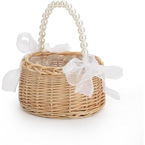 Elegant Girl Basket with Pearl Handle and Ribbon Bow, Bowknot Satin Flower Basket for girl, Rustic Handwoven Wicker Flower Basket, Versatile Picnic Basket for Outdoor (1PCS)