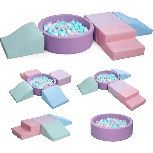 Foam Climbing Blocks for Toddler: with 4-Piece PU Leather Climbing Toys and a Ball Pit - Foam Ball Pit for Toddlers - Climbing Toys Indoor for Kids Crawling (Purple Climbing Blocks)