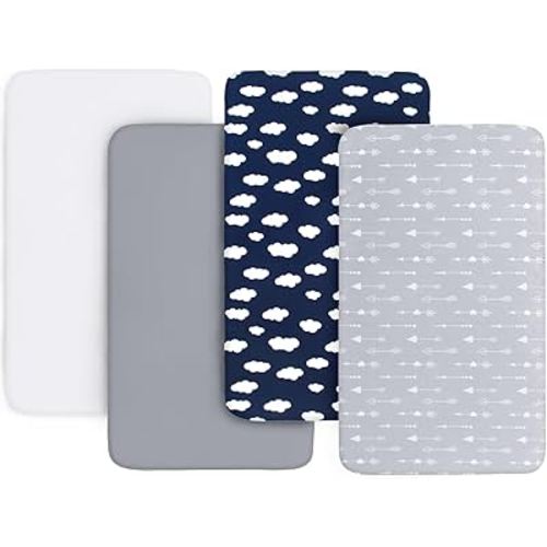 4-Pack Fitted Mini Crib Sheets for Boys and Girls - Breathable, Soft Microfiber Baby Sheets in Grey, Navy and White