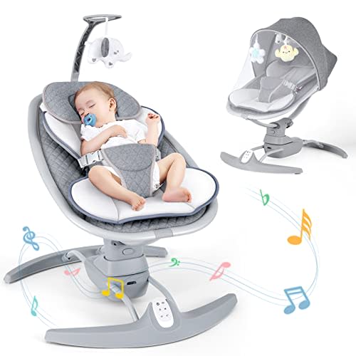 Lovouse Electric Portable Baby Swing with Remote, 3 Speeds, Music, Adjustable Recline, Harness - For 5-20 lbs Infants and Toddlers, Gray