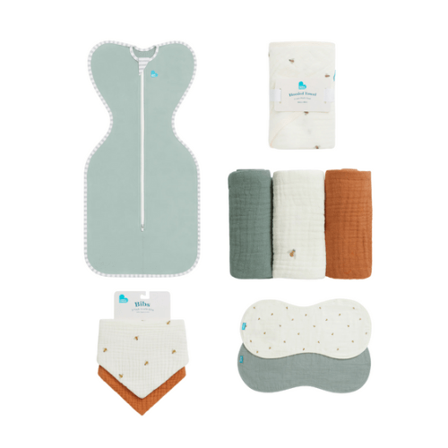 Newborn Essentials Bundle | Swaddle Up 0.2 TOG | Bib | Wash Cloth | Burp Cloth | Hooded Towel | Olive
