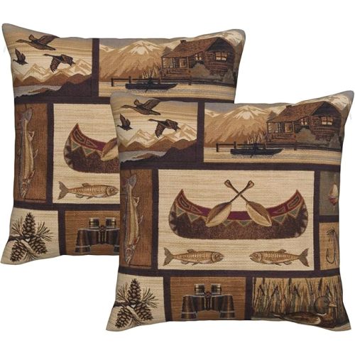 Set of 2 Square 18x18 inch Retro Black Throw Pillow Covers Rustic Lodge Decorative Throw Pillowcase for Home Sofa Thick Cotton Linen Cushion Cases (45x45 cm) Fly Fishing