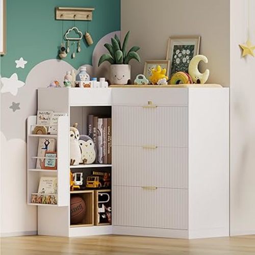 Nursery Changing Table Dresser,Diaper Changing Table with Storage,Corner Baby Dressing Table with 3 Drawers and 2 Shelves, Modern Storage Crib with Changing Station for Nurseries and Baby Rooms