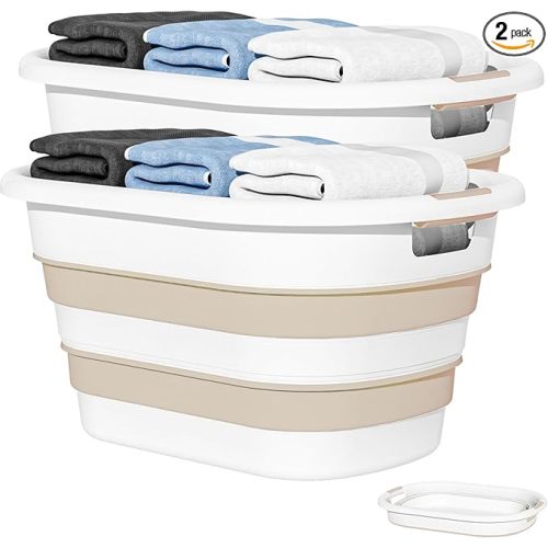 43L(11.5Gallon) Collapsible Laundry Baskets plastic, Pop Up Laundry hamper/Storage Container, Foldable Laundry Basket with Large Capacity,Sturdy,Space Saver (Beige, 2 Packs)