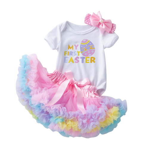 Gunia Baby Girl Easter Outfit Short Sleeve Letter Catrtoon Romper Tops Bowknot Tutu Skirt With Headbands 3Piece Set Beautiful Outwear 0-3 Months