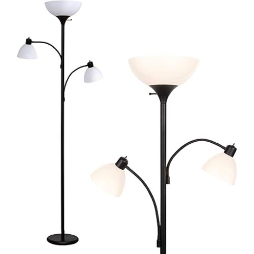 Brightech Sky Dome Double LED Floor Lamp, Torchiere Super Bright Floor Lamp with 2 Reading Lamps for Living Rooms & Offices - Dimmable Tall Standing Lamp for Bedroom Reading - Tall Black Pole