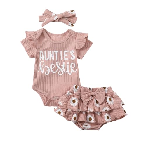 Aunties Bestie Baby Girl Clothes Aunt Saying Letter Romper Tiered Ruffle Daisy Skirt Skort Newborn Coming Home Outfit