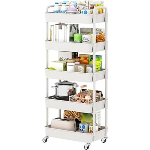 Sywhitta 5-Tier Plastic Rolling Utility Cart with Handle, Multi-Functional Storage Trolley for Office, Living Room, Kitchen, Movable Storage Organizer with Wheels, White