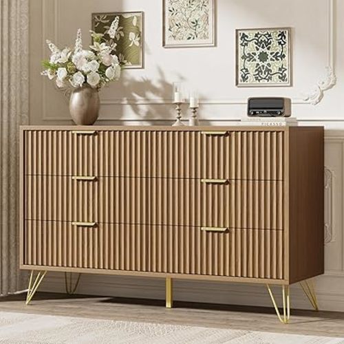 LYNSOM Fluted Dresser for Bedroom, Walnut 6 Drawer Dresser with Gold Handles and Wide Drawers, Wood Chest of Drawers for Bedroom, Hallway