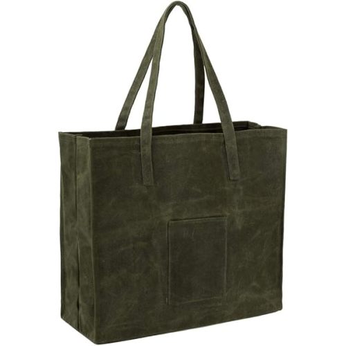 Kaaltisy Waxed Canvas Reusable Grocery Bag Heavy Duty Waterproof Shopping Bag Well Self-standing Sturdy Farmers Market Bag, Wide, Hard Handfeel