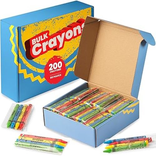Bulk Crayons 200 Pack (50 Sets of 4) - Individually Wrapped Crayons Party Favors for Kids, Restaurants, Classrooms, Birthday Goodie Bags, School Supplies, Travel, Toddler Coloring Fun, Non-Toxic Wax
