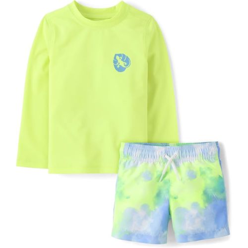 The Children's Place Baby Boys' and Toddler Long Sleeve Rashguard and Swim Trunks, 2 Piece Set