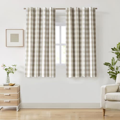 63 Inch Buffalo Plaid Blackout Curtain Panels Bedroom Living Room | Beige White Farmhouse Gingham Drapes,Thermal Insulated Window Treatment,Rod Pocket Back Tabs,40"Wx63"Lx2