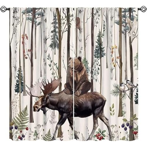 Woodland Animal Curtains for Nursery Kids Room, Watercolor Forest Bear Riding Moose Window Drapes, Nature Botanical Tree Window Treatments, 2 PCS 42x45 Inch