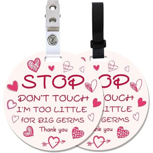 PLIGREAT 2 Pack Stop Touching Baby Signs, Please Don't Touch Babys Car Seat Signs for Newborn Girl Boy No Kissing Baby Sign with Hanging Strap and Clip, Pink Heart