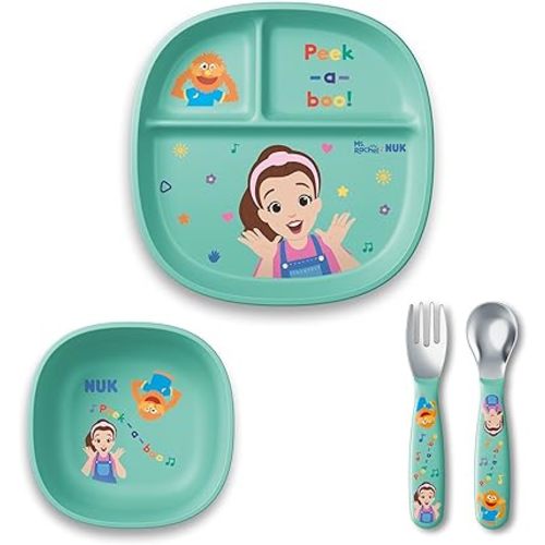 NUK Ms Rachel Tableware Set, Toddler Plate and Bowl, and Toddle Utensils - Fork and Spoon, Kids Dining Set, BPA-Free, Dishwasher-Safe