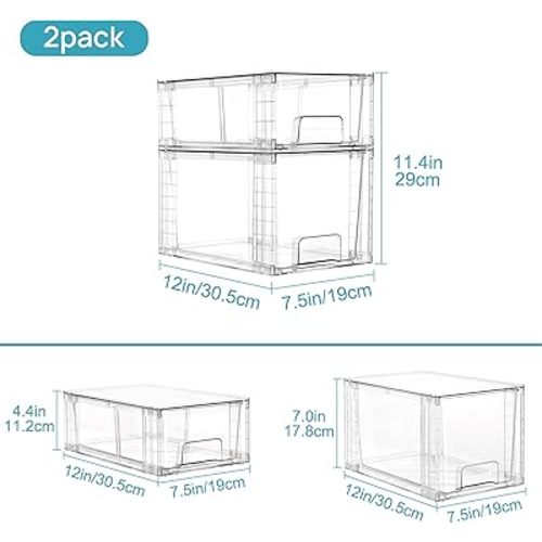 Vtopmart 4 Pack Clear Stackable Storage Drawers,Easy to Assemble Bathroom Organizers and Storage with handles,Plastic Drawers for Kitchen Pantry,Cabinet,Under Sink Organization