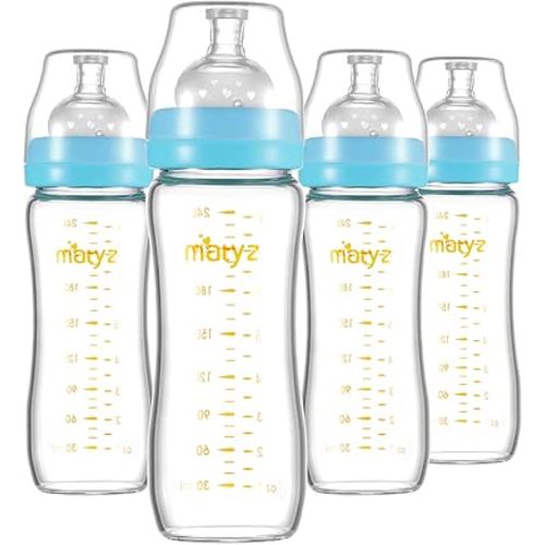 Matyz Glass Breastmilk Baby Feeding Bottle with Nipple, 4 Pack, 8 oz Slim and Light Bottle Easy to Hold, Food Grade Borosilicate Glass, Wide Neck Easy to Clean, No BPA (Blue Lids)