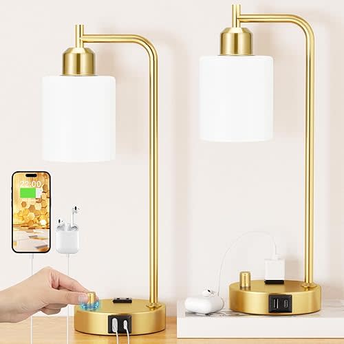 Innqoo Industrial Table Lamps for Bedroom Set of 2 - Fully Dimmable Bedside Lamps with USB Ports and Outlet, Gold Nightstand Lamps with Opal Glass Shade for Living Room, Desk Lamps for Office Reading
